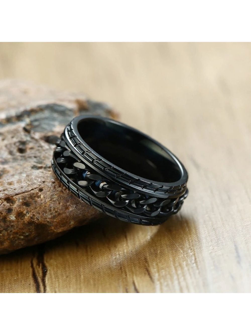 Black Stainless Steel Tire Texture Spinner Anxiety Fidget Ring